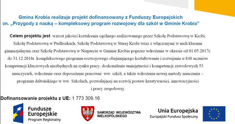 Gmina Krobia jako beneficjent realizuje projekt pn. „Przygody z nauką – kompleksowy program rozwojow